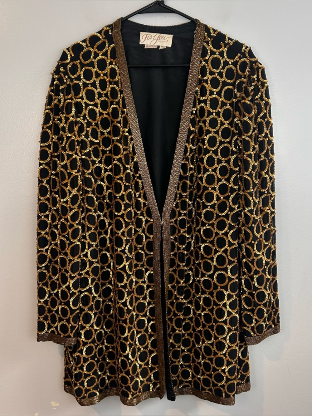 Vintage For You 100% Silk Gold Sequin Disco Blazer/Jacket V-neck  Glam Size 2X
